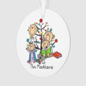 Strichmännchen Eltern, 2 Mädchen, Katze Ornament (Vorderseite)