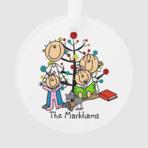 Strichmännchen Eltern, 2 Mädchen, Katze Ornament