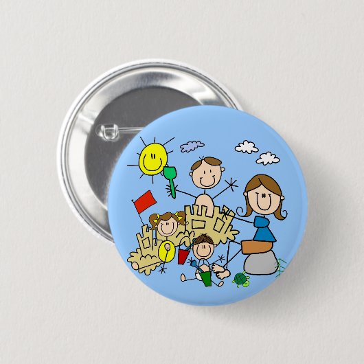 Strichmännchen-Familien-Strand-Spaß Button (Vorne & Hinten)
