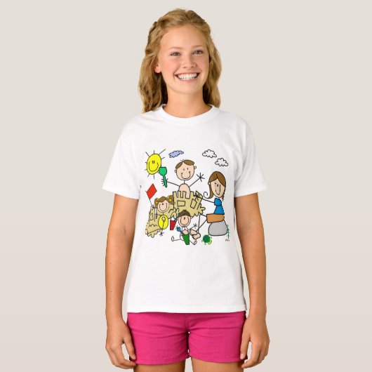 Strichmännchen-Familien-Strand-Spaß T-Shirt (Vorne ganz)
