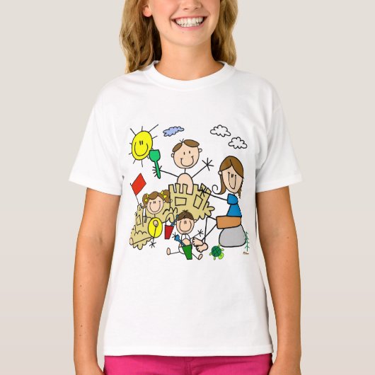 Strichmännchen-Familien-Strand-Spaß T-Shirt (Vorderseite)