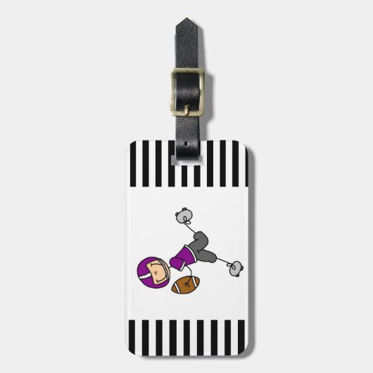 Strichmännchen-Fußball lila Gepäckanhänger (Vorderseite vertikal)