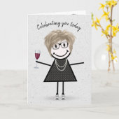 Strichmännchen-Geburtstagsmädchen mit Rotwein Karte (Gelbe Blume)