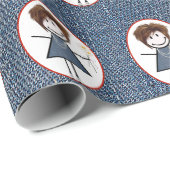 Strichmännchen Girl in Sneakers auf blauem Denim Geschenkpapier (Rolleneckpunkt)
