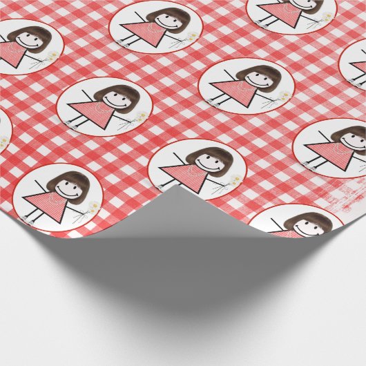 Strichmännchen Girl in Sneakers auf Gingham Geschenkpapier (Ecke)