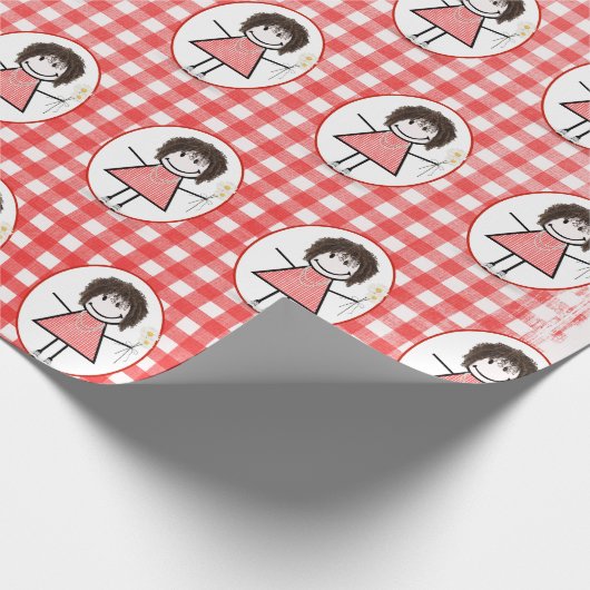 Strichmännchen Girl in Sneakers auf Gingham Geschenkpapier (Ecke)