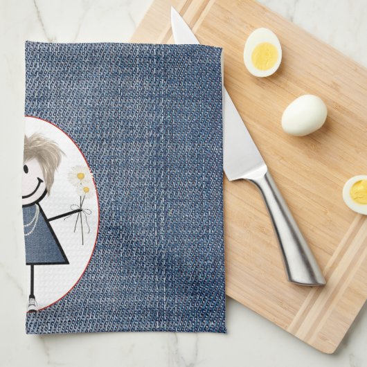 Strichmännchen Girl mit Daisis über Denim Geschirrtuch (Viertel Falte)