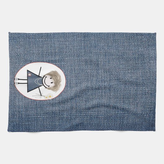Strichmännchen Girl mit Daisis über Denim Geschirrtuch (Horizontal)