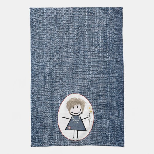 Strichmännchen Girl mit Daisis über Denim Geschirrtuch (Vertikal)