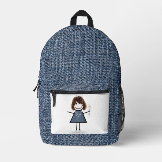 Strichmännchen Girl mit Daisis und Blue Denim Bedruckter Rucksack (Vorderseite)