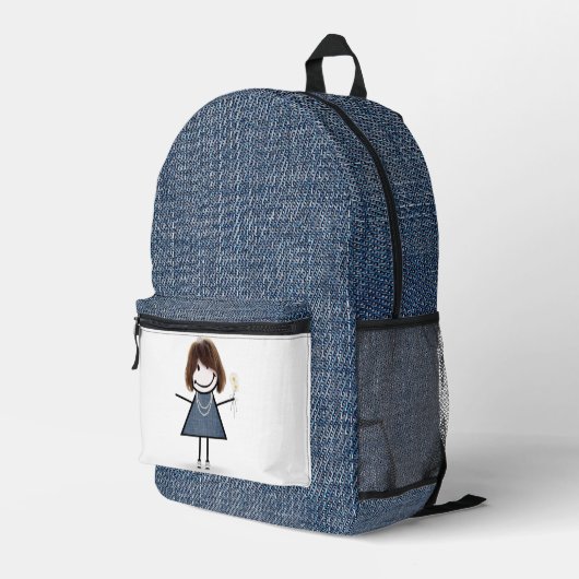 Strichmännchen Girl mit Daisis und Blue Denim Bedruckter Rucksack (Rückseitige Ecke Rechts)