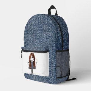 Strichmännchen Girl mit Daisis und Blue Denim Bedruckter Rucksack