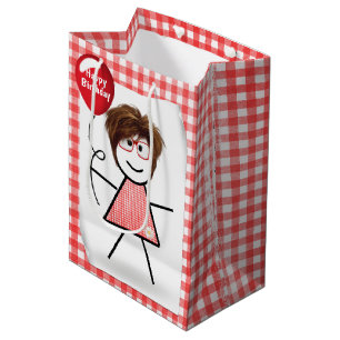 Strichmännchen Girl mit Red Birthday Balloon Mittlere Geschenktüte