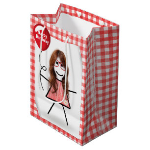 Strichmännchen Girl mit Red Birthday Balloon Mittlere Geschenktüte