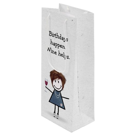 Strichmännchen Girl mit Rotem Weinglas Geschenktüte Für Weinflaschen (Vorderseite Schrägansicht)