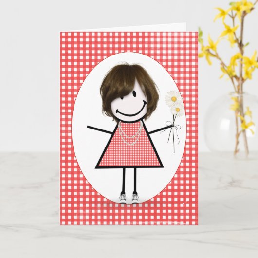 Strichmännchen Girl On Gingham Karte (Gelbe Blume)