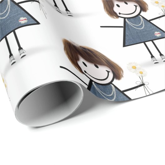 Strichmännchen Girl with Daisis Geschenkpapier (Rolleneckpunkt)