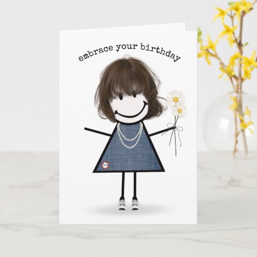 Strichmännchen Girl with Daisis Karte (Gelbe Blume)