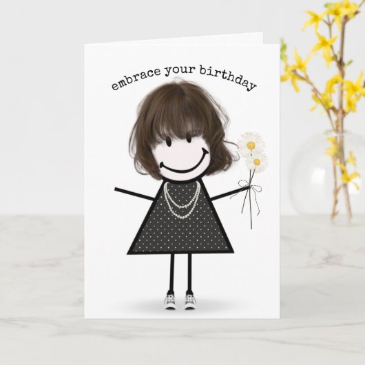 Strichmännchen Girl with Daisis Karte (Gelbe Blume)