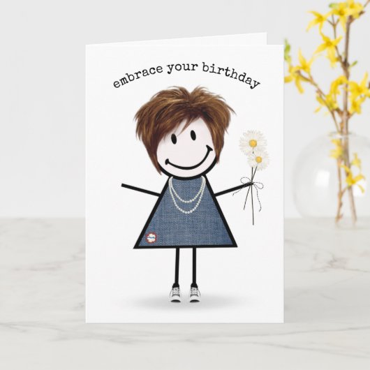 Strichmännchen Girl with Daisis Karte (Gelbe Blume)