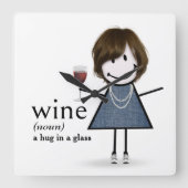 Strichmännchen Girl with Red Wine Quadratische Wanduhr (Vorderseite)