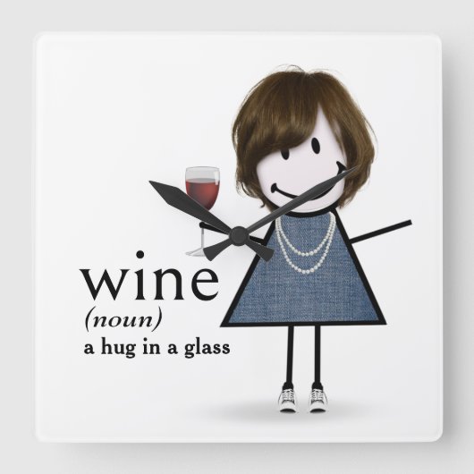 Strichmännchen Girl with Red Wine Quadratische Wanduhr (Vorderseite)