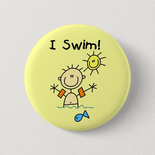 Strichmännchen-Junge ich schwimme Button (Vorderseite)