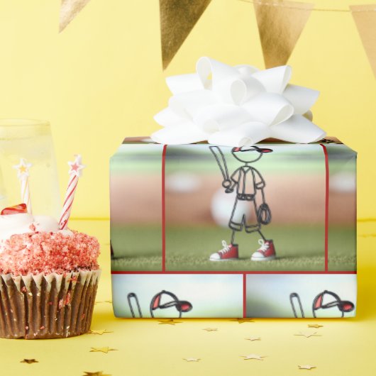 Strichmännchen Kid Baseball Player Geschenkpapier (Geburtstagsparty)