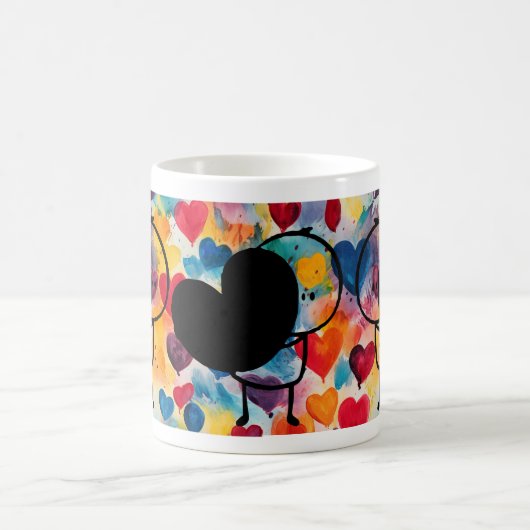 Strichmännchen Liebe: Grosses Herz und farbenfrohe Kaffeetasse (Mittel)