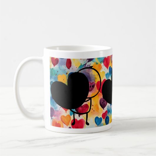 Strichmännchen Liebe: Grosses Herz und farbenfrohe Kaffeetasse (Links)