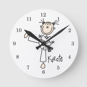 Strichmännchen-Mädchen-Karate-T - Shirts und Runde Wanduhr