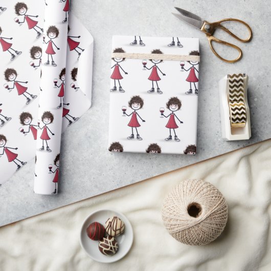 Strichmännchen Mädchen mit Rotwein  Geschenkpapier (Kunsthandwerk)