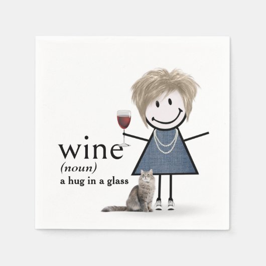 Strichmännchen Mädchen mit Wein und Katze Serviette (Vorderseite)