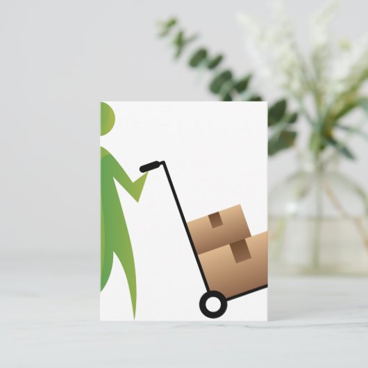 Strichmännchen Man Moving Boxes Handrucker Postkarte (Stehend Vorderseite)
