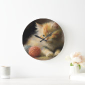 Strick macht Orange Kitten mit Garn große Uhr (Zuhause)