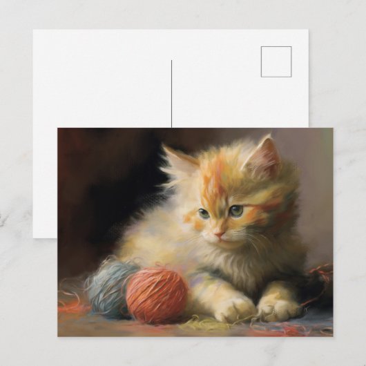 Strick spielt Orange Kitten mit Garn Postkarte (Vorne/Hinten)