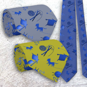 Stricker binden Garn Nadeln Katzen Blaues Muster Krawatte