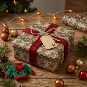 Strickmuster für Weihnachtsmann aus Lebkuchen Geschenkpapier