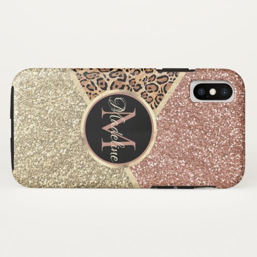 Strickte Rose Gold Glitzer Leopard Monogramm Case-Mate iPhone Hülle (Rückseite (Horizontal))