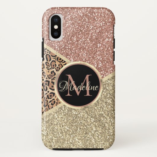 Strickte Rose Gold Glitzer Leopard Monogramm Case-Mate iPhone Hülle (Rückseite)