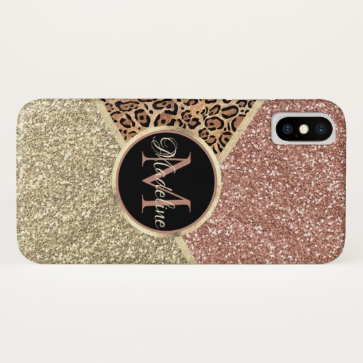 Strickte Rose Gold Glitzer Leopard Monogramm Case-Mate iPhone Hülle (Rückseite (Horizontal))