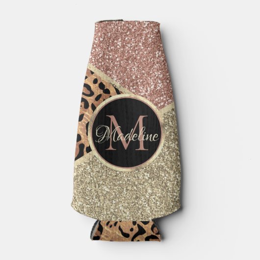 Strickte Rose Gold Glitzer Leopard Monogramm Flaschenkühler (Vorderseite)