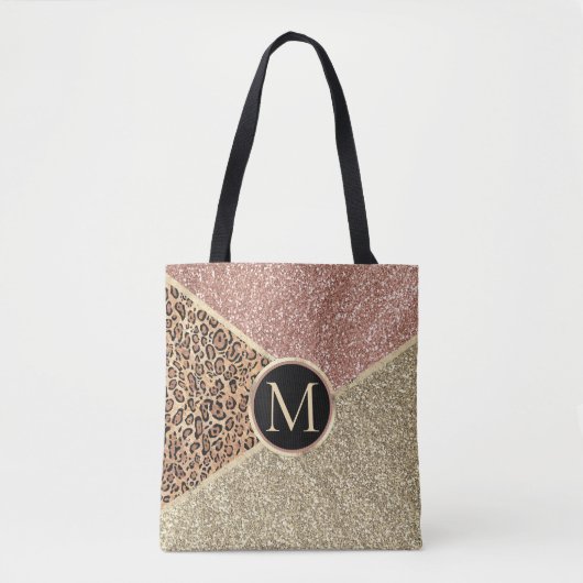 Strickte Rose Gold Glitzer Leopard Monogramm Tasche (Vorderseite)