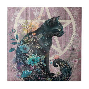 Strikende schwarze Katzen-Juwel-farbene Pentakel-B Fliese