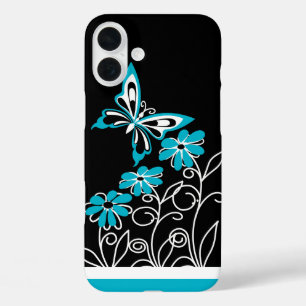 Strikter Aqua Blauer Schmetterling und Blume iPhone 16 Plus Hülle