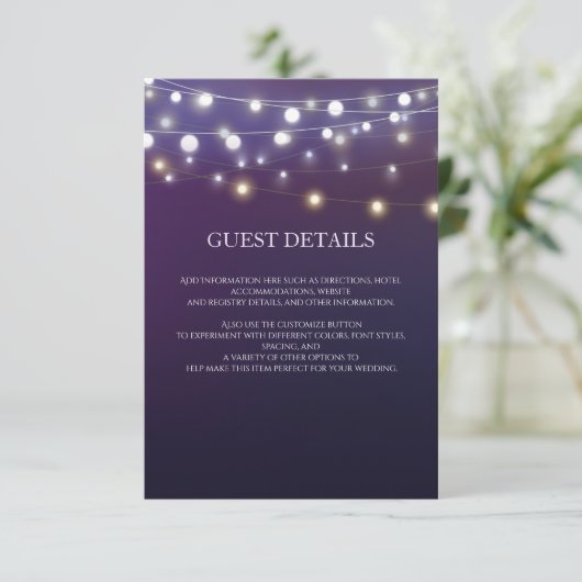 String Light Abend Wedding Guest Information Begleitkarte (Stehend Vorderseite)