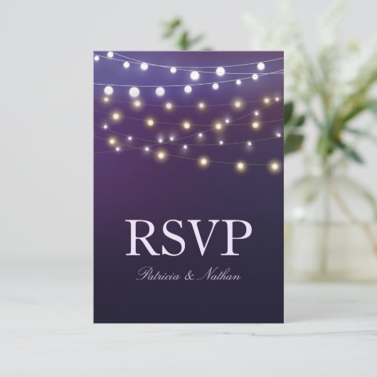 String Light Abend Wedding RSVP Karte (Stehend Vorderseite)