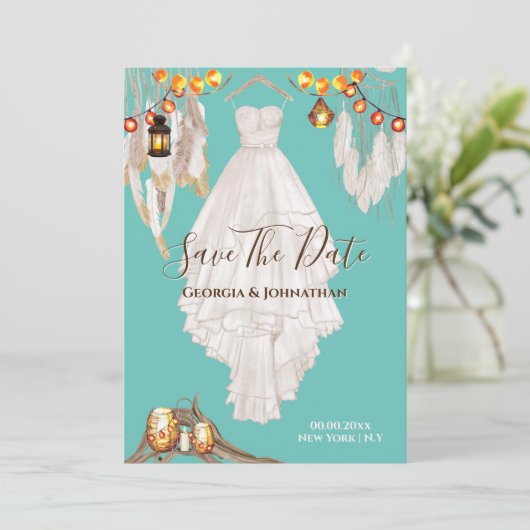 String light feather boho makrame Kleid aquamarin  Save The Date (Stehend Vorderseite)