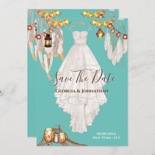 String light feather boho makrame Kleid aquamarin  Save The Date (Vorne/Hinten)