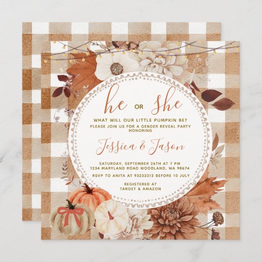 String Light Gingham Pumpkin Gender Reveal Party Einladung (Vorne/Hinten)